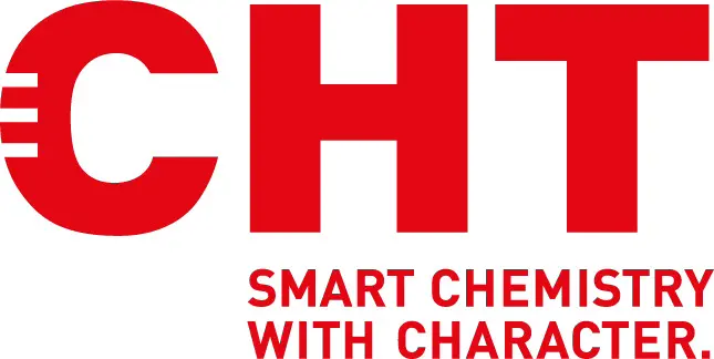 A red and white logo for chtf